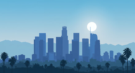 Los Angeles Skyline at Dawn: California Cityscape, Palm Trees & Rising Sun - Vector Art, LA, Cityscape, Sunrise, Nature, California Dreamin'