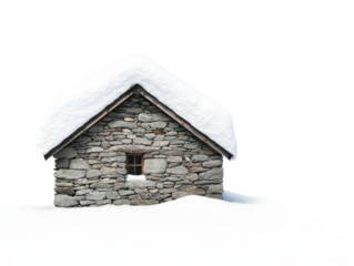Snow-covered rustic house in winter landscape during daylight, cut out