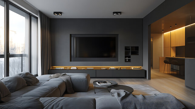 Gray sofa and tv unit in loft interior design of modern living room