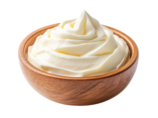 Creamy whipped topping in a wooden bowl for desserts and snacks, cut out