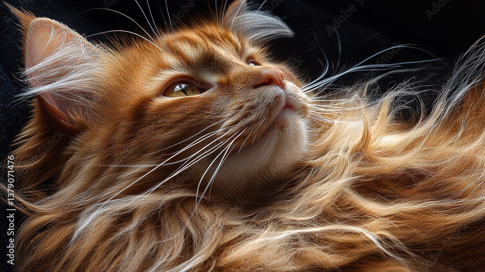 Poster a close-up of a cat lying on its back with its fur blowing in the wind against a black background