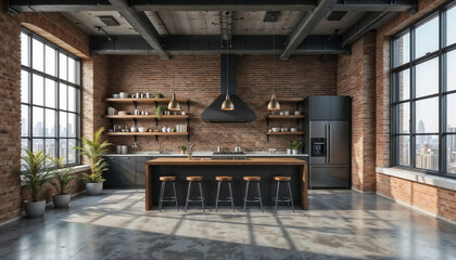 Stylish industrial loft kitchen featuring exposed brick walls, a spacious wooden island with barstools, open wooden shelves and modern appliances
