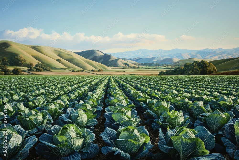 Poster a vast field filled with vibrant green cabbages under a clear sky intricate irrigation system snakin