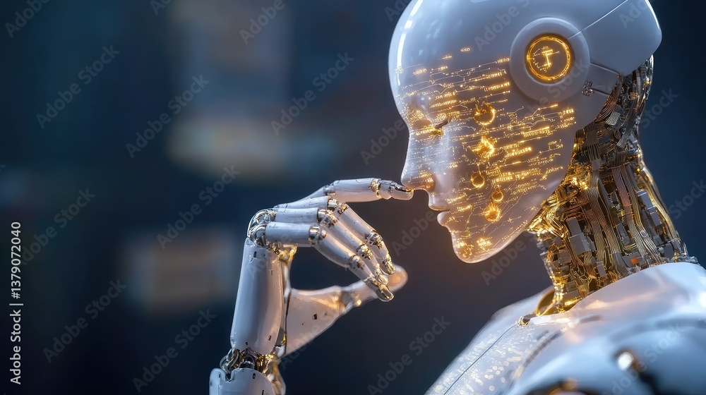 Poster intricate close-up of a futuristic robot with luminous circuitry, contemplating technology and human