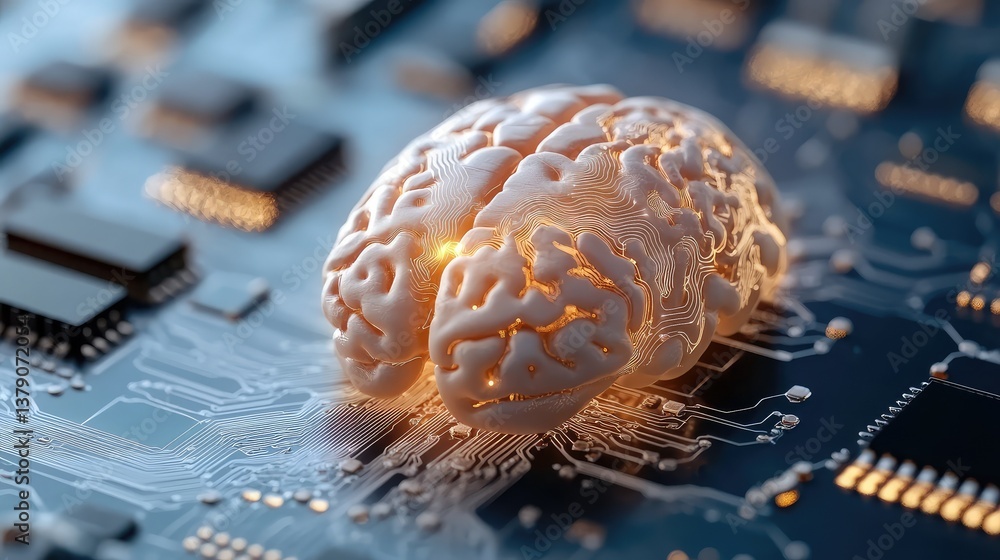 Poster a futuristic representation of a human brain merged with microprocessor technology, symbolizing arti