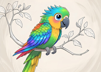 Obraz premium A colorful parrot perched on a branch with leaves in a cartoon illustration