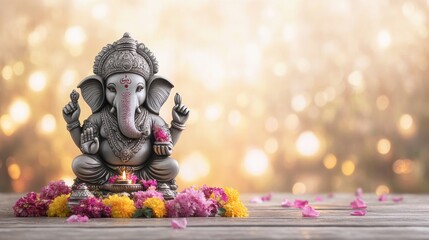 Ganesha statue decorated with flowers and diya, sitting on wooden surface with glowing bokeh background, symbolizing wisdom, prosperity and spiritual energy