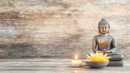 Buddha statue with yellow lotus flower and candle on rustic wooden background, symbolizing peace, mindfulness and spiritual awakening