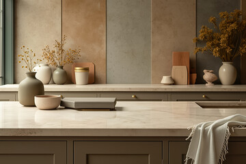 sleek modern kitchen island with beige countertop and earthy decor