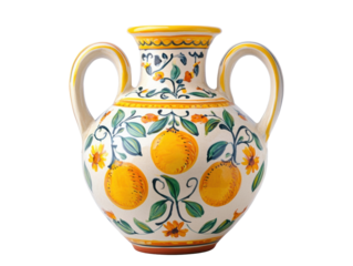 Beautiful decorative ceramic vase with lemon motif and floral design, cut out