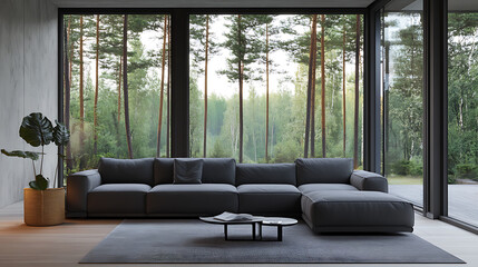 Obraz premium Grey corner sofa against big window, minimalist interior design of modern living room in country house in forest