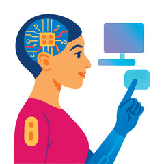 Colorful flat vector illustration of a cybernetic woman in profile, with a transparent head showing circuits and processors, with glowing holographic elements. Futuristic concept. White background.