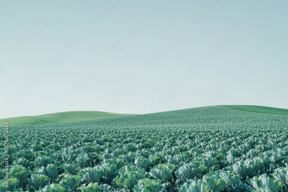 Poster a vast field filled with vibrant green cabbages under a clear sky intricate irrigation system snakin