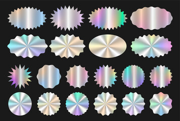 Realistic blank mockup for sticker, emblem, hologram sale, best price, special offer, discount. Big set of holographic round, oval element with uneven wavy zigzag edge, star shape. Vector EPS10