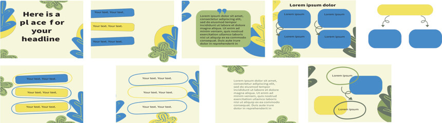 A modern Instagram post template (1080x1080) designed for a carousel. Includes 9 slides perfect for social media marketing, branding, promotions, or creative storytelling. In blue, yellow and green 
