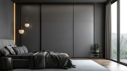 Grey wardrobe with glossy sliding doors in minimalist style interior design of modern bedroom