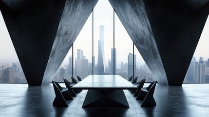Silhouette of a rectangular business meeting table with sharp geometric shapes surrounding it