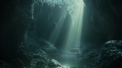 Sunlight illuminates a subterranean cave with dramatic light beams