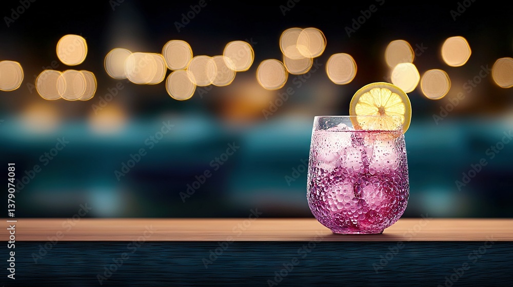Poster a close-up of a clear glass filled with liquid resting on a table against a hazy backdrop of illumin
