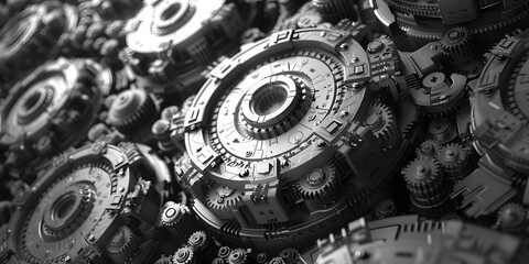 Complex Metal Gears and Mechanisms Abstract Background in Grayscale