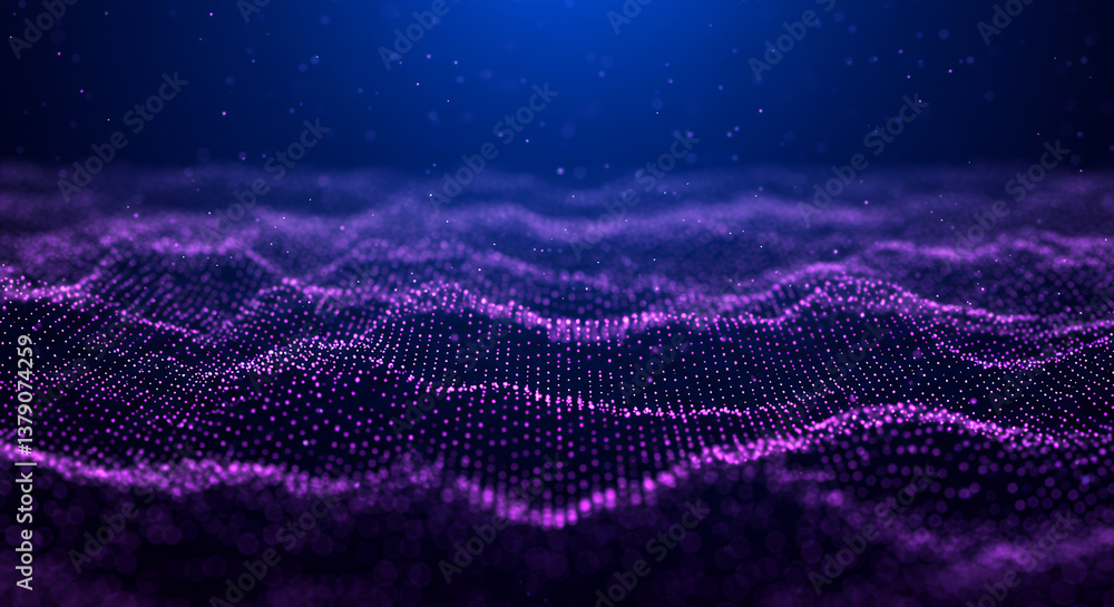Poster abstract purple data waves: digital particle flow, tech background, visualisation, futuristic design