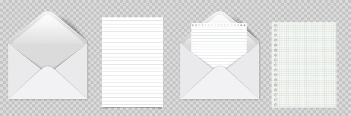 Blank open white envelope mockup and vintage paper. Empty template for branding identity design, mail presentation, for office messages or documents sending. Realistic vector illustration