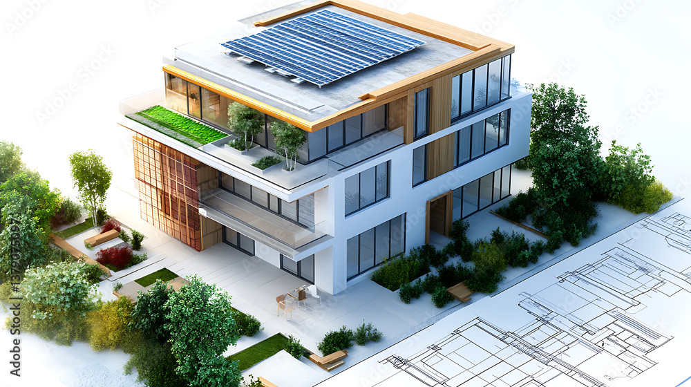 Fototapete 3d creation of a sustainable building architecture model with plans, energy efficiency tables and other documents