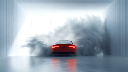 3d illusion of a car drifting and dust flying out of a white wall taken from the front