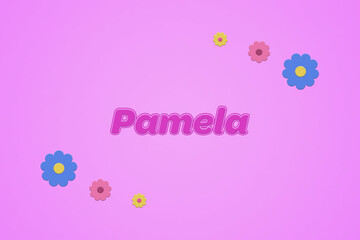 Pamela female girl name illustration in pink with blossoms, flowers
