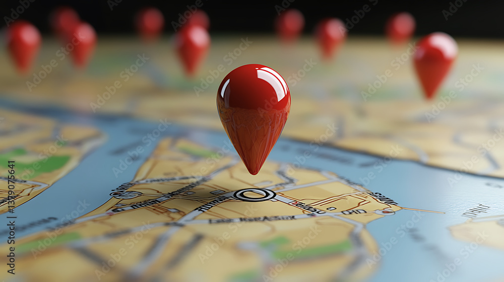 Poster 3d red pinpoint illustration, representing a location pins icon on a map