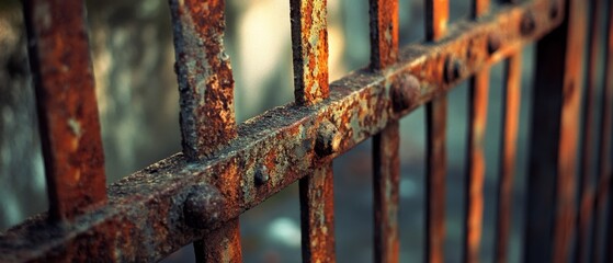 A weathered, rust-stained iron gate with fading paint stands solemnly amidst a soft focus background, symbolizing time's passage.