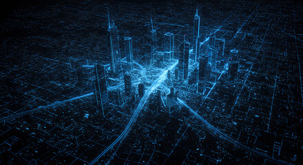 Futuristic Cityscape: Glowing Blue Urban Network, Skyscrapers & Grid - High-Tech Architecture, Digital Cyberpunk City, Aerial View