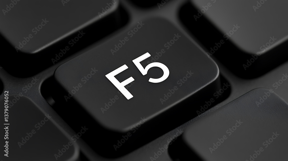 Poster close-up of a black keyboard with the f5 key clearly visible. the f5 key is white and stands out aga
