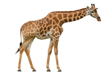 Naklejka premium Graceful Giraffe Profile: A full-body side view captures a majestic giraffe, showcasing its iconic patterned coat and long neck. A perfect representation of African wildlife and its unique charm.