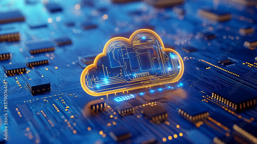 Poster Cloud computing concept with circuit board and cpu on blue background