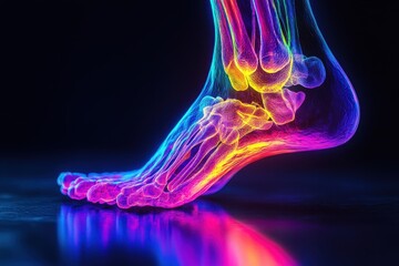 A vibrant closeup photo of a human foot with a colorful light shining on it 3D coloured interpretation of a human leg Xray .