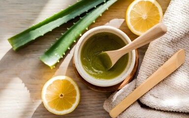 Natural skincare ingredients on a wooden surface, with aloe vera, lemon slices, and a bowl of green mixture with a wooden spoon. 