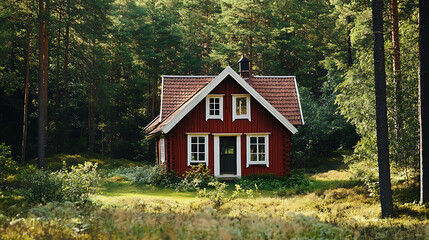 Idyllic swedish house in summer scenery, red cottage in pine forest