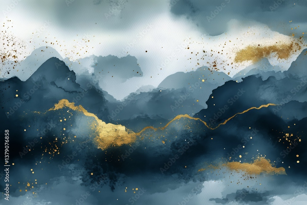 Poster elegant blue and gold abstract art display with swirling patterns in a vibrant composition