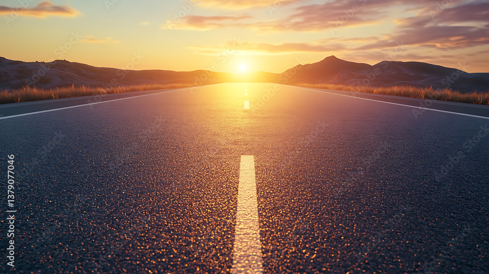 Fototapete 3d rendering of empty road towards rising sun, light reflection on asphalt surface, for automobile advertising background, path leading line and large copy space area