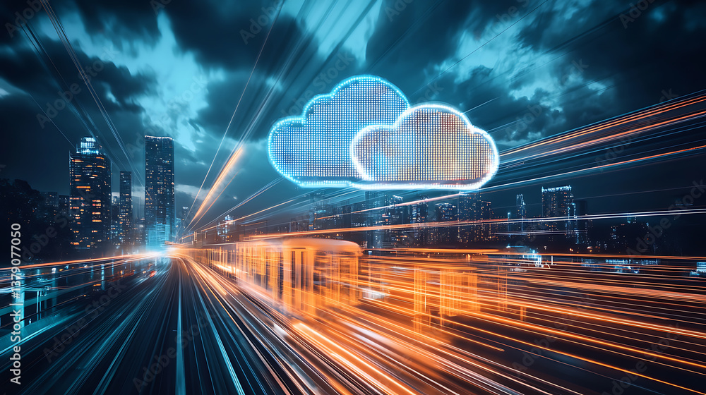 Poster cloud computing with a speeding train on a city background