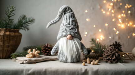 charming handcrafted gray knitted gnome with a long white beard sits amidst pine cones and warm lights