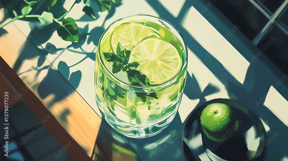 Poster overhead shot of a refreshing gin and tonic drink with sunlight and shadows