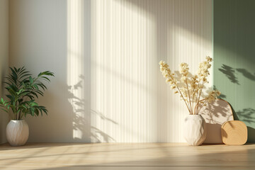 two vases with dried flowers and a green plant in a sunlit corner