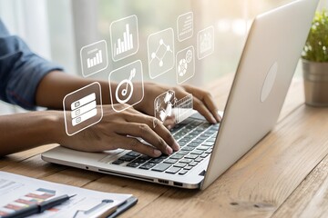 Business tracking and auditing concept, Businessman using technology track performance, Online surveys, Document approval, Business evaluation for certification compliance, Online checklist survey.