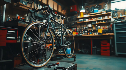 Inside a contemporary bike shop or garage outfitted with a wide range of high-end tools and machinery, bike maintenance, upgrades, and repairs, broken cycling wheel installed, or fixed