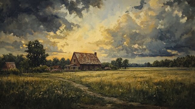 Rustic farmhouse sunset, field path, storm clouds