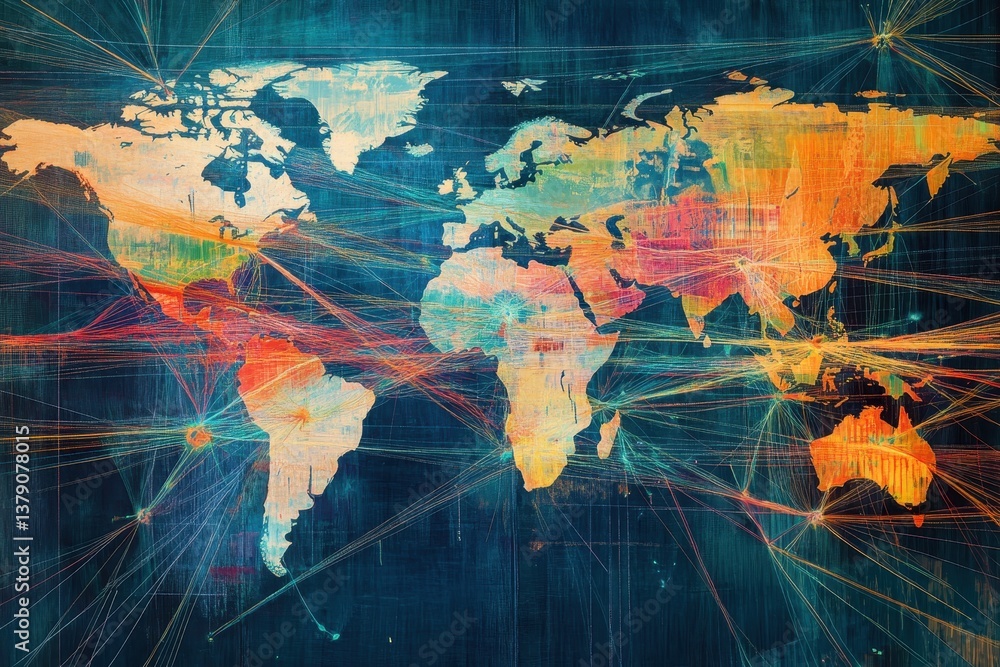 Poster a vibrant world map featuring colorful lines connecting various locations across continents illustra