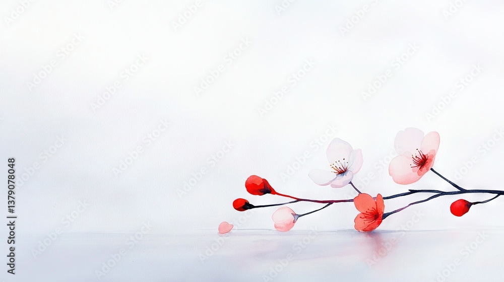 Poster a white background features a close-up of a single flower in the center of a branch