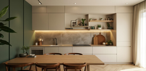 modern kitchen interior with wooden table and neutral palette